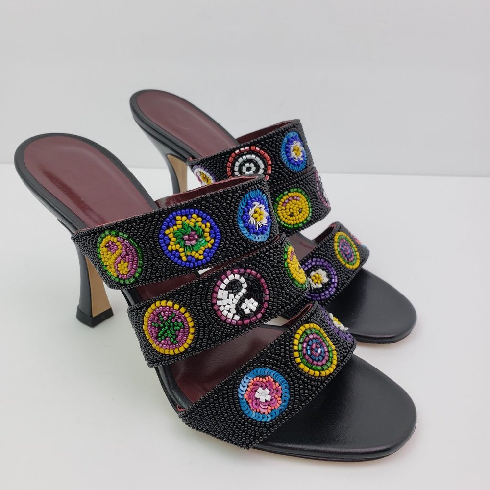 Staud Sonny Sandal Womens Size 5.5 Black Leather Beaded Slip On Heel Sandals 222